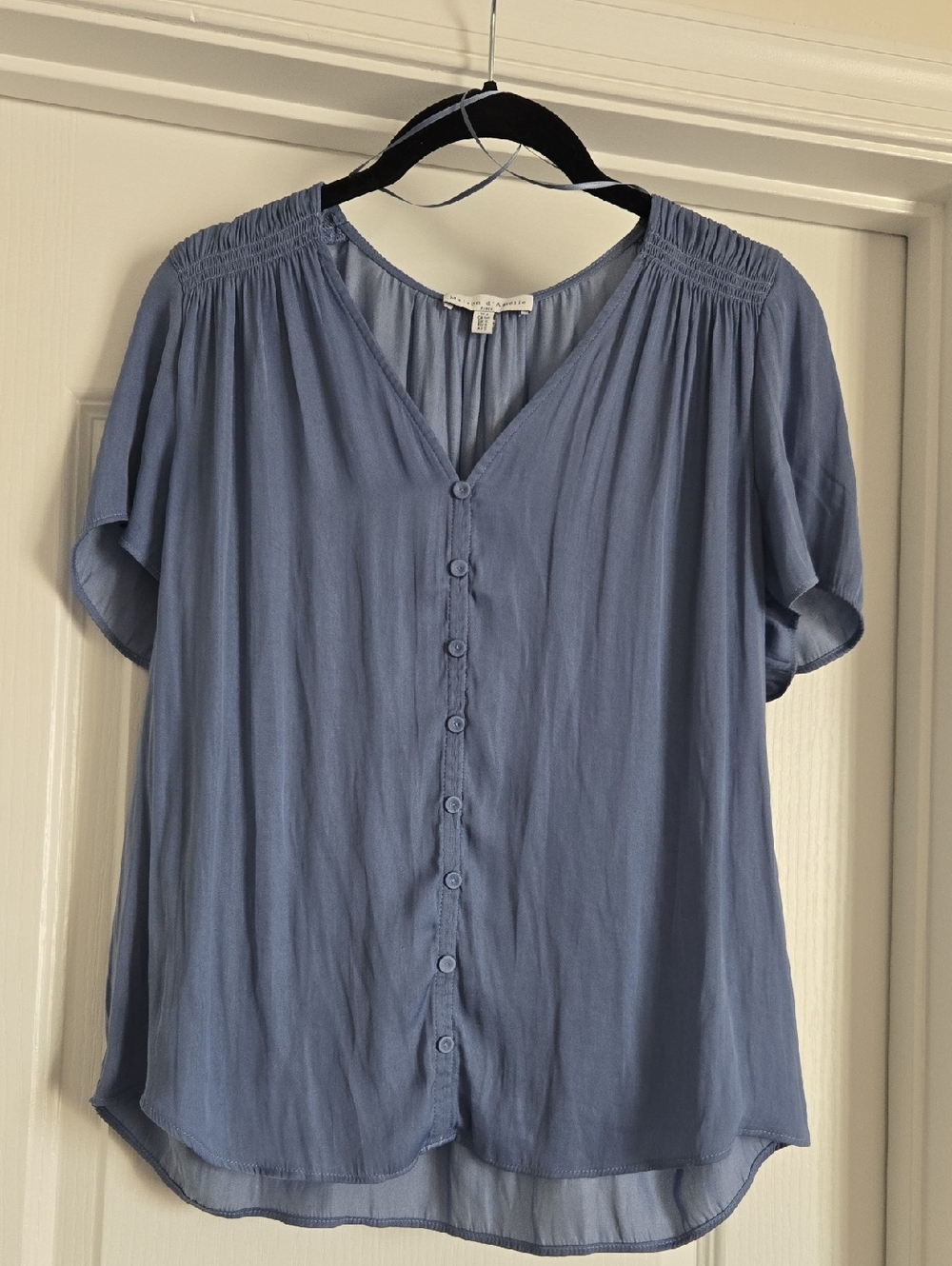 Maison d' Amélie Satin Button Up Short Sleeve V Neck Blouse Light Blue Small
